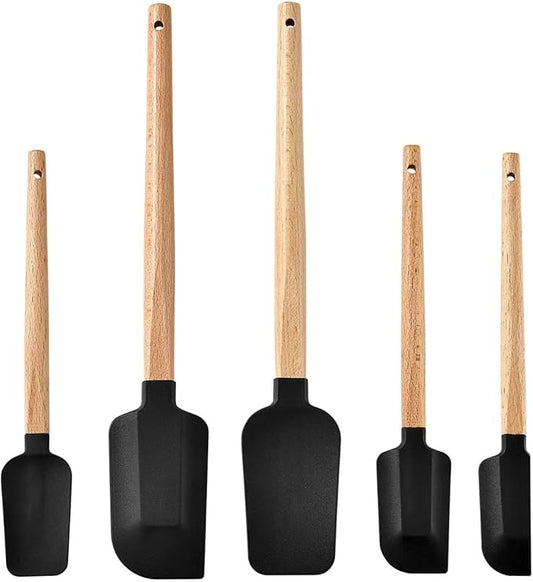 Non-Stick Rubber Spatula Set 5 Pieces - Food Grade Silicone Spatulas, Spoon Scraper, Jar Scraper, Flat Scraper for Baking Cooking Mixing Frosting - 600째F Heat Resistant (Cream White)