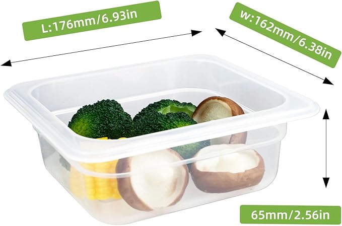 6-Pack Food Pan with Lids, 1/6 Size Food Storage Containers for homes, schools, restaurants, hotels Meal Prep, -40??160?? Stackable, Freezer-Safe (1/6 size 2.5 inch deep, 1.1L/1.1QT)