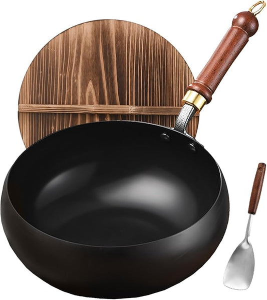 Carbon Steel Wok Pan, 10.2??Woks & Stir-Fry Pans with wooden Lid Cookwares, Nonstick Wok Flat Bottom Small Handmade Chinese Wok For for All Stoves