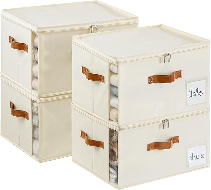 4 Pack Large Storage Bins with Lids,Foldable Closet Organizer with Clear Window,Collapsible Storage Cubes with Handle,Fabric Storage Containers for Organizing Blanket,Clothes,15.94x11.81x9.84 Inches