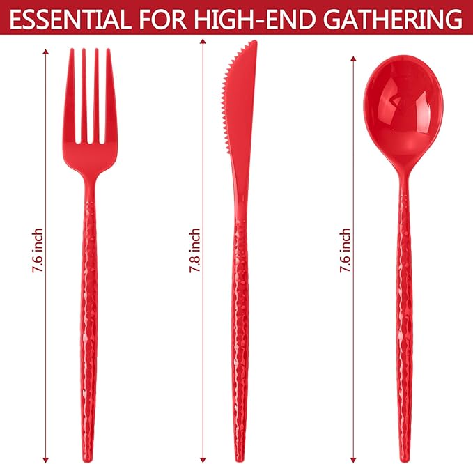 LIYH 150 Pcs Red Plastic Cutlery Sets - Red Plastic Silverware Heavyduty,Disposable Utensil Sets, 50 of Each Forks, Knives & Spoons Flatware Set for Party Birthday Valentine's Day Mother's Day