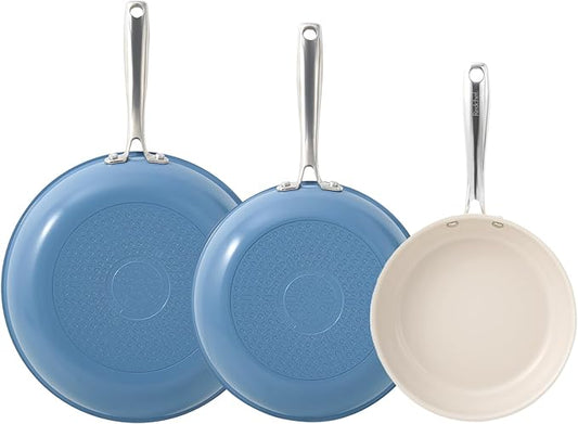 Redchef Non Stick Ceramic Frying Pan Set, Non Toxic Ceramic Pans for Cooking, 8" 9.5" 11" Skillet Set, No PFAS & PTFE & PFOA with Stainless Steel Handle, Dishwasher & Oven Safe Max up to 842째F (Blue)