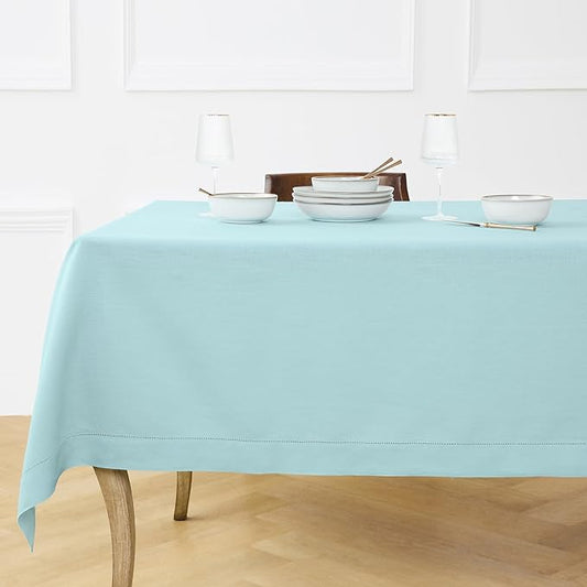 Solino Home Linen Tablecloth for Rectangle Tables 60 x 120 Inch - Classic Hemstitch 100% Pure Linen Aqua Blue Table Cloth - Machine Washable Cloth Tablecloth for Spring, Easter