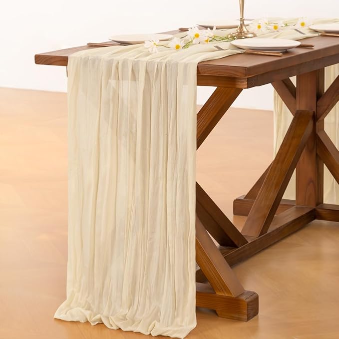 Socomi 6pcs Beige Valentine's Day Cheesecloth Table Runner Boho Rustic Gauze 120 inch 10FT Cheese Cloth Runner for Wedding Party Baby Shower Birthday Home Decor Holiday Decorations