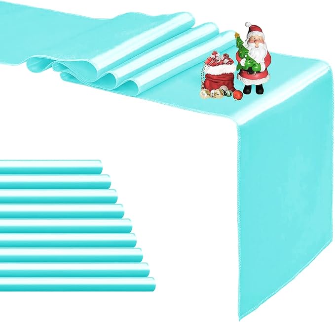 10-Pack Turquoise Satin Table Runner 12 x 108 Inch Long Bright and Smooth Silk Fabric Table Runner for Wedding Banquet Birthday Party Decoration