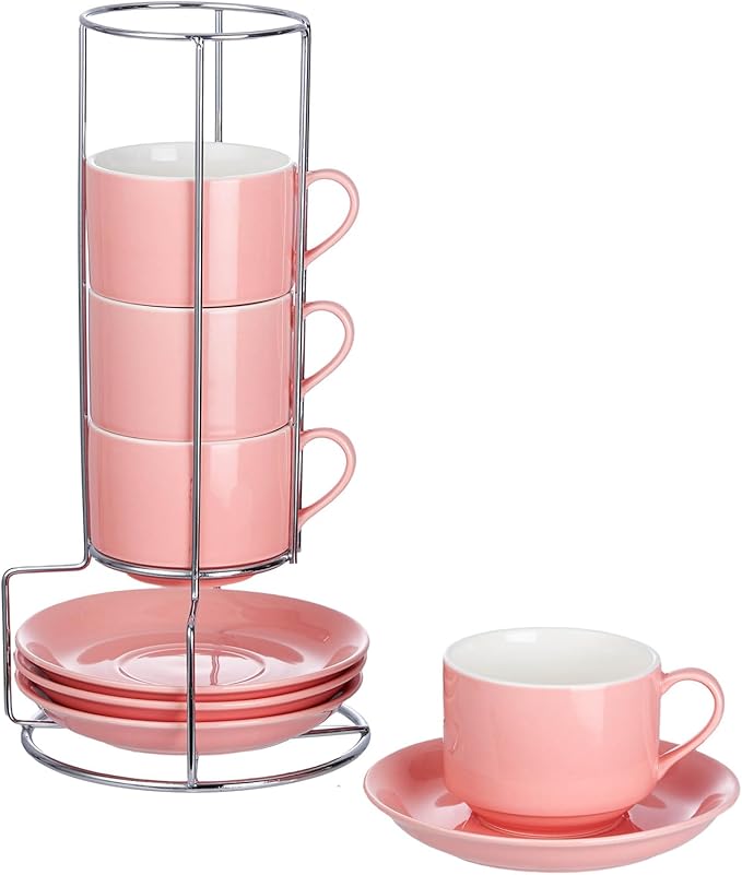 8oz Porcelain Cappuccino Cups with Saucers and Metal Stand, Stackable Coffee Cups for Specialty Coffee Drinks, Cappuccino, Latte, Espresso, Americano and Tea - Cups Set of 4, Pink