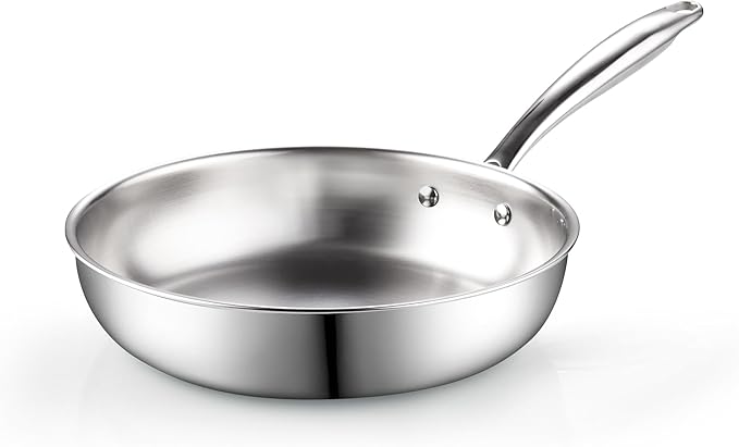 Cook N Home 8-inch Stainless Steel Frying Pan, Tri-Ply Clad 18/10 Stainless Steel Skillet Saut챕 Cooking Fry Pan, Induction Cookware, Silver