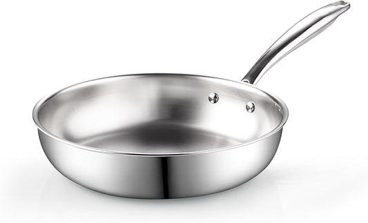 Cook N Home 12-inch Stainless Steel Frying Pan, Tri-Ply Clad 18/10 Stainless Steel Skillet Saut챕 Cooking Fry Pan, Induction Cookware, Silver