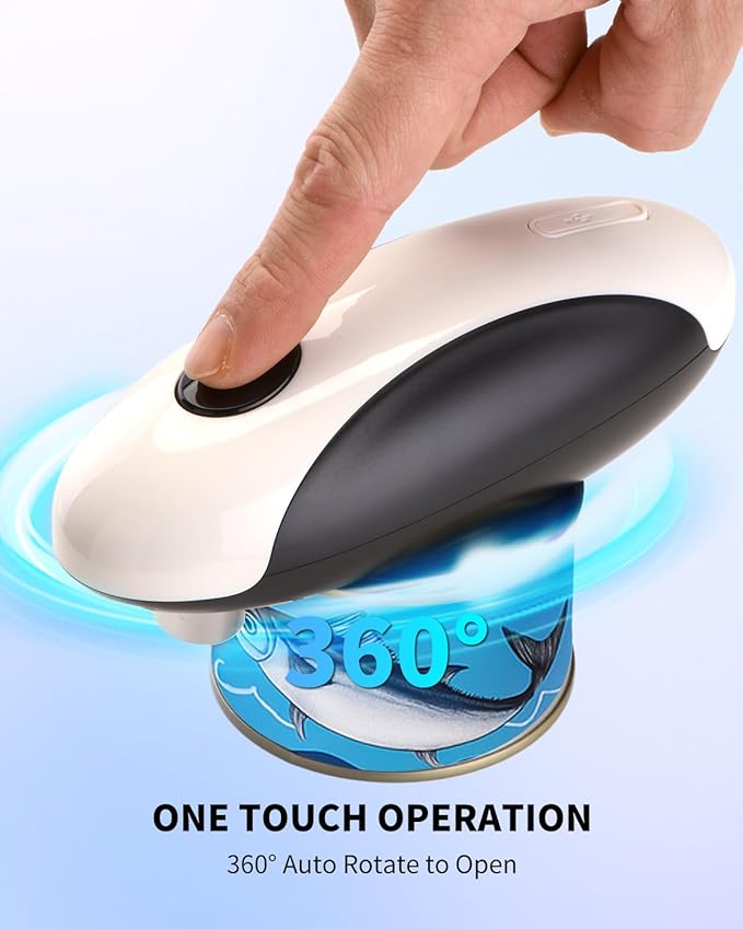 CIRCLE JOY Rechargeable Electric Can Opener, One-Touch Automatic Can Opening with Lid Remover & Smooth Edge Cutting, Food-Safe, Easy to Use for Seniors and Arthritis, Black White