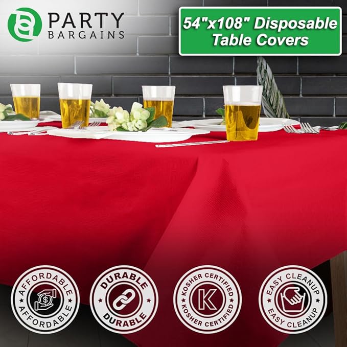 PARTY BARGAINS Disposable Table Covers, 54 x 108 Inch, Real-Red, 3-Ply Paper & Plastic Spill-Resistant Party Tablecloths, 5 Pack