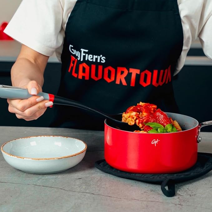 Guy Fieri's Flavortown 11-Piece Ceramic Cookware Set, Nonstick Pots and Pans for Cooking, Made without PFAS PTFE PFOA, Oven Safe, Dishwasher Safe, Easy to Clean Everyday Cookware, Red