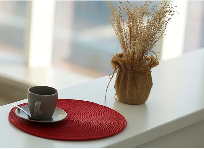 FunWheat Round Braided Placemats Set of 6 Place Mats for Dining Tables Woven Washable Non-Slip Table mats Small 13 inch(S Red, 6pcs)