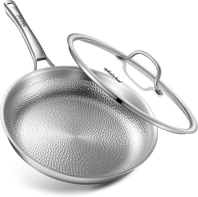 Titanium Pan, 12 Inch Pure Titanium Hammered Pro with Lid, Non Stick Skillet for Cooking, Non-Toxic, PFAS/PFOA/PTFE Free Cookware, Dishwasher&Oven Safe, Kitchen Induction Compatible