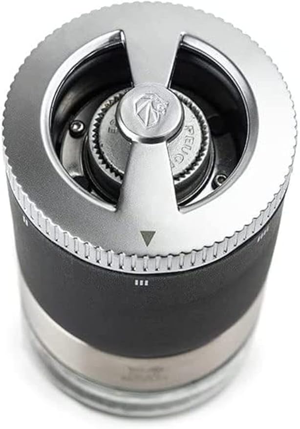 PEUGEOT - Maestro Pepper Bar - 10cm Pepper Mill with U'Select Adjustment - 3 Premium Peppercorns, 3 Interchangeable Empty Vials, Felt - Made in France - PEFC Wood & Stainless Steel - Graphite Color