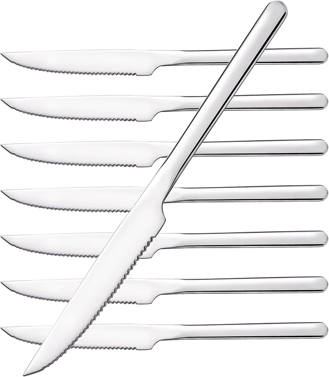 KINGSTONE Sharp Steak Knives, German Stainless Steel Steak Knife Set of 8 with Full-Serrated Blade, 9.4-Inch Sleek Design Table Knives, Mirror Polished