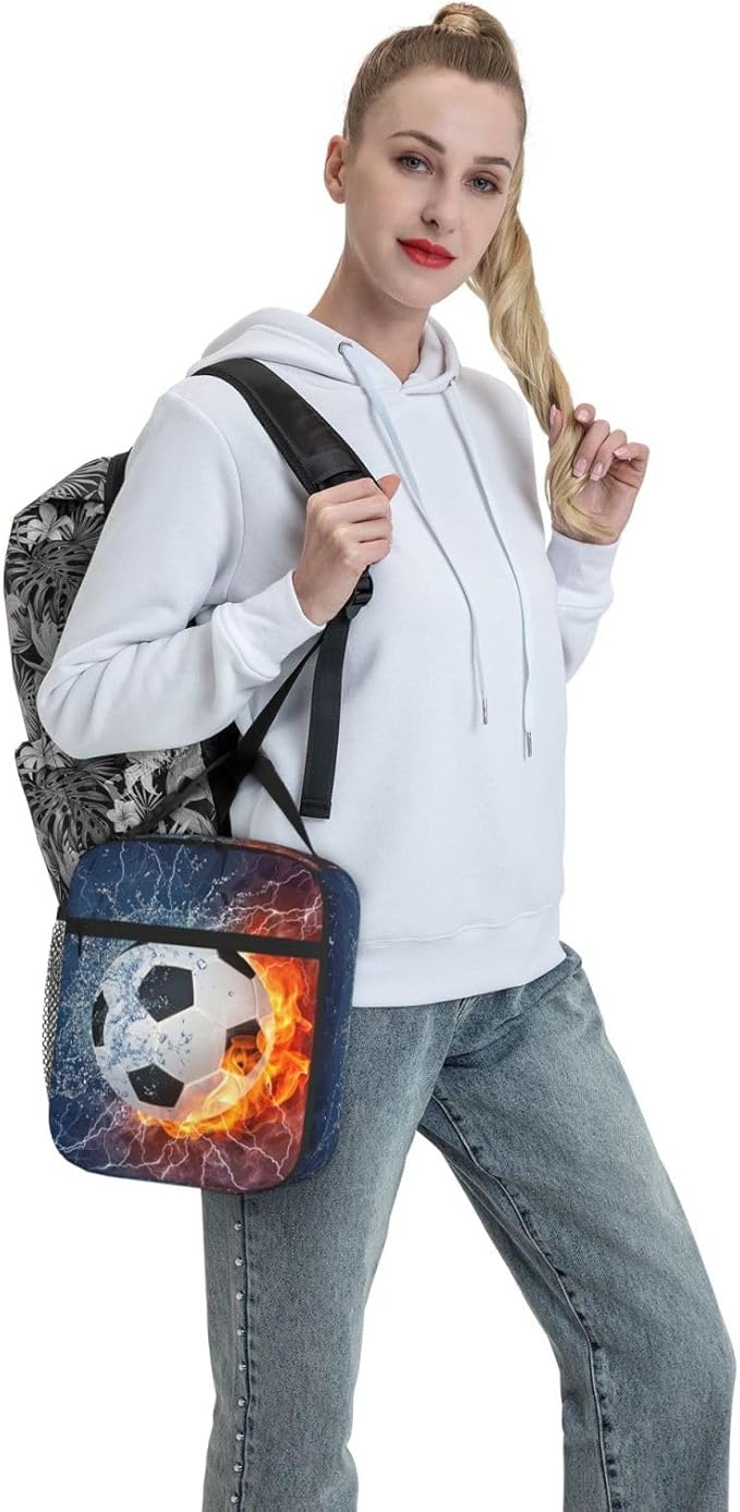 YIJIUWKIS Soccer Lunch Box Sports-themed Lunch Bag for Kids Teens Boys Girls, Insulated Leakproof Waterproof Reusable Lunch Bags with Mesh Pocket, Portable Durable Cooler Tote Bag with Double Zippers