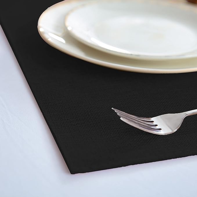 Rinpon Cloth Placemats Set of 8, Linen Type Fabric Placemats Machine Washable Heat Resistant Placemats Wrinkle Free Thick Polyester Kitchen Place Mats for Dining Table (Black)