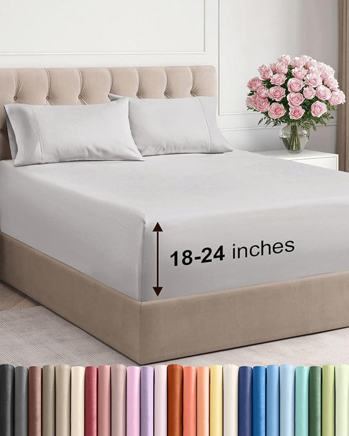 Extra Deep Twin Sheet Set - 4 Piece Breathable & Cooling Sheets - Hotel Luxury Bed Sheets Set - Easy & Secure Fit - Soft, Wrinkle Free & Comfy Sheets Set - French Grey Sheet Set w/Extra Deep Pockets