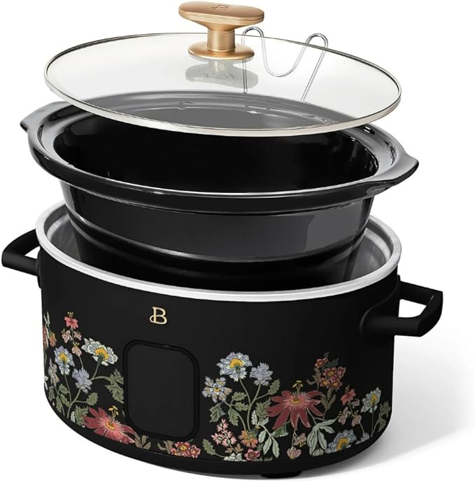 Beautiful 6 Quart Programmable Slow Cooker by Drew Barrymore ??Large Capacity, Ceramic Removable Pot, Tempered Glass Lid, Dishwasher Safe, Auto Keep Warm (Wildflower Black Sesame)