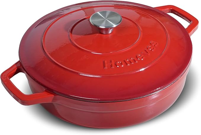 Enameled Cast Iron Dutch Oven - 4 Quart Dutch Oven Pot with Lid - Shallow Cookware Braising Pan - Oven Safe up to 500째 F for Baking, Roasting, and Braising-Red