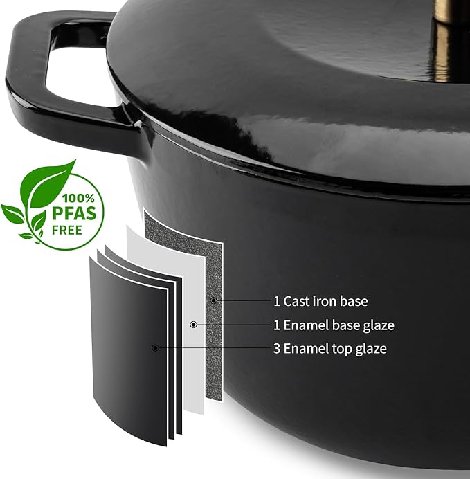 Enamel Cast Iron Dutch Oven with Lid,Dual Handles,Heavy-Duty Cookware for Sourdough Bread Baking,Braising,Stews,Roasting,Oven Safe up to 500째 F,5QT,black
