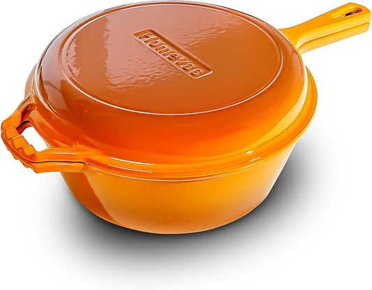 Enameled Cast Iron Braiser Pan - 2-in-1 Cast Iron Dutch Oven - 6.5QT Deep Pot with Frying Pan - Cookware Multi Cooker Skillet - for Grill Induction Stovetop Camping -Orange