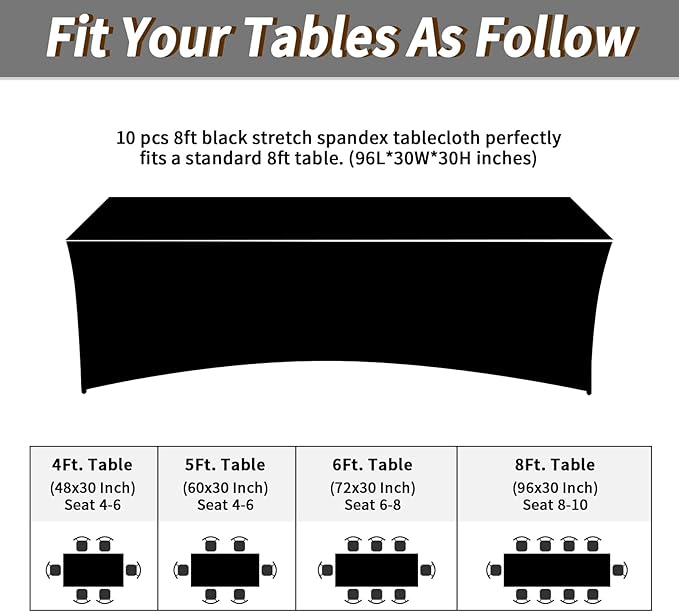 Fixwal 10 Pack Black Table Cloths Rectangle 8FT, Spandex Table Covers, Table Cloths for 8 Foot Rectangle Tables, Fitted Tablecloth (96Lx30Wx30H Inch)