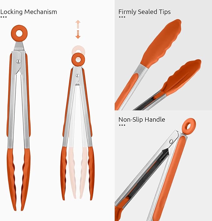 600쨘F Heat Resistant Kitchen Tongs: U-Taste 9 inch Silicone Cooking Tong with Firm Sealed Non Stick Rubber Tips & Silicon Coated 18/8 Stainless Steel Handle & Smooth Locking for Serving Grill (Orange)
