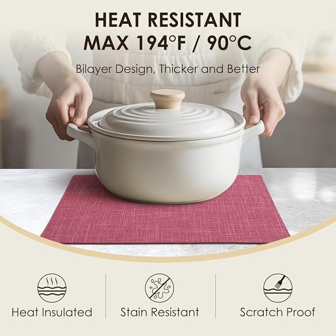 Aironment Placemats Set of 6, Bilayer Thickened Linen Place Mats Heat Resistant Machine Washable Wrinkle Free Carefully Selected Polyester Mats for Kitchen/Dining/Coffee Table (Pink)