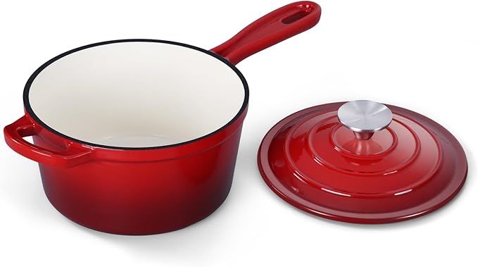 Onader Enameled Cast Iron Sauce Pan, 1QT Small Saucepan with Lid, Cast Iron Sauce Pot Enamel Dutch Oven, Nonstick & Heavy Duty ??Red