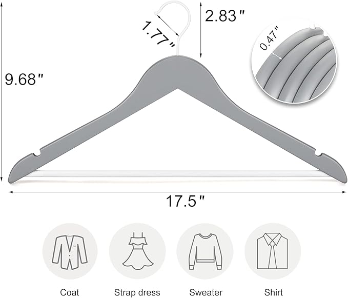 TOPIA HANGER Premium Wooden Hangers with Non-slip Pant Bar, 360째Swivel Hook and Shoulder Notches, 16 Pack Solid Wood Clothes Hangers for Suit, Coat, Jacket, Camisole(Grey/White)-CT35GW6