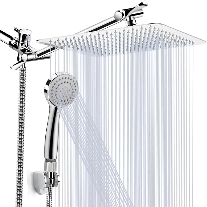 12'' Shower Head, High Pressure Rainfall Shower Head/Handheld Showerhead Combo with 11??Extension Arm, Anti-leak Shower Head with Holder/Hose, Flow Regulator - Chrome