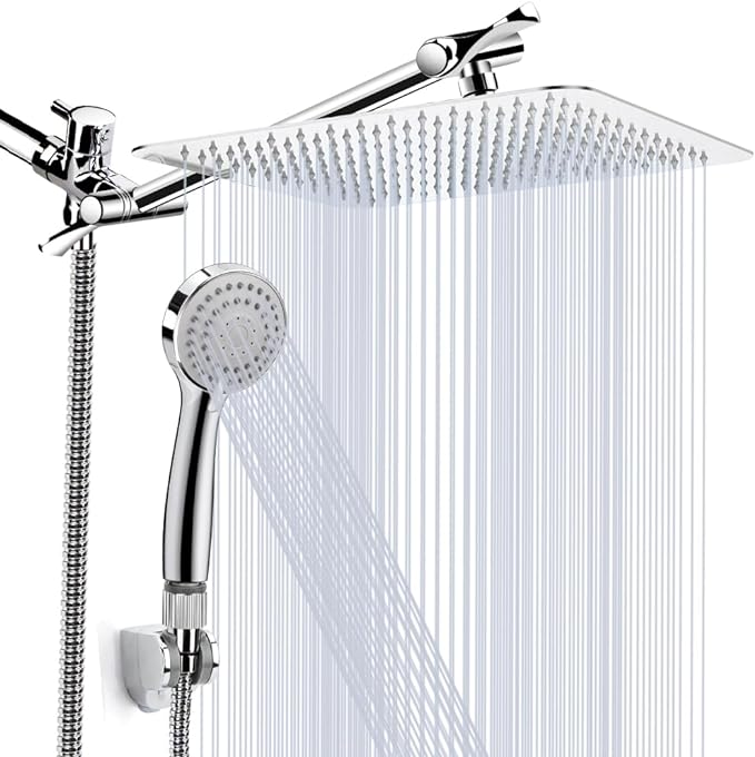 Shower Head, Kaqinu 10'' High Pressure Rainfall Shower Head/Handheld Showerhead Combo with 11??Extension Arm, Anti-leak Shower Head with Holder/Hose, Flow Regulator - Chrome