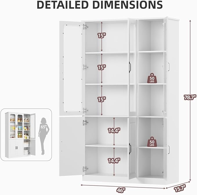 White Kitchen Pantry Cabinet, 78.7" Tall China Cabinet with Glass Doors and Adjustable Shelves, Wooden Display Cabinet for Dining, Living Room, White (Extra-Large, 46" W)