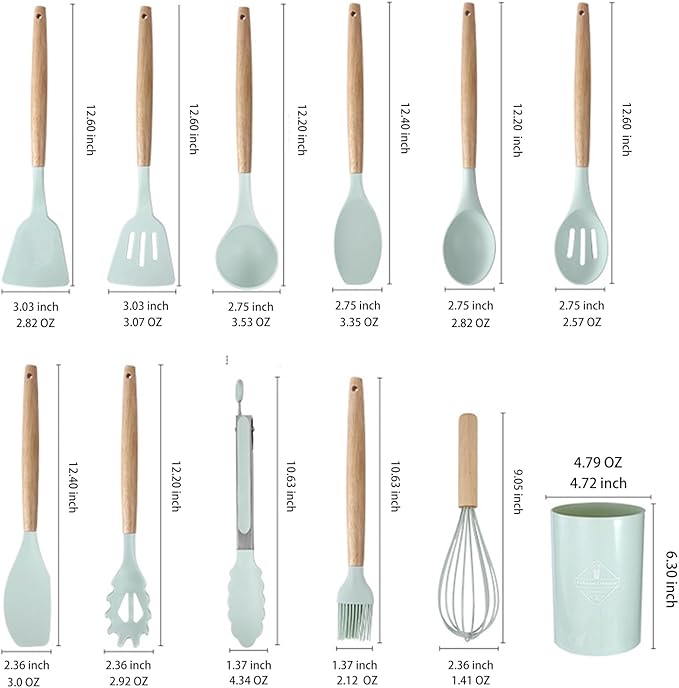 KSENDALO 12-Piece Silicone Kitchen Utensil Set with Holder - Wooden Handle, Heat Resistant Non-Stick Cooking Tools for Baking, Frying & Stirring (Aqua)