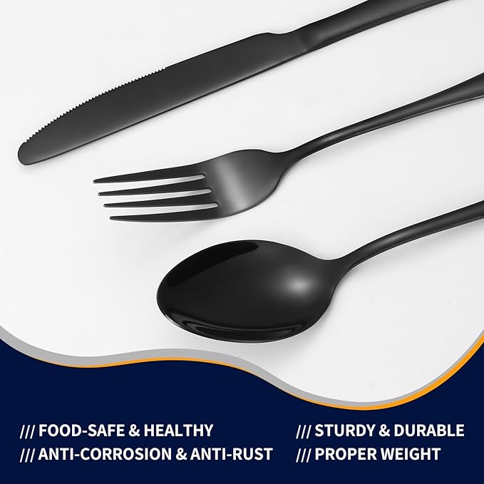 60-Piece Black Silverware Set with Steak Knives Black Stainless Steel Flatware Set for 10 Food Grade Tableware Cutlery Set Rust-proof, Mirror Polished, Dishwasher Safe