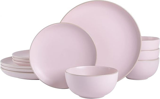 Gibson Home Rockaway 12-Piece Round Stoneware Dinnerware Set, Service for 4 ??Pink Plates and Bowls, Modern Matte Finish, Microwave & Dishwasher Safe