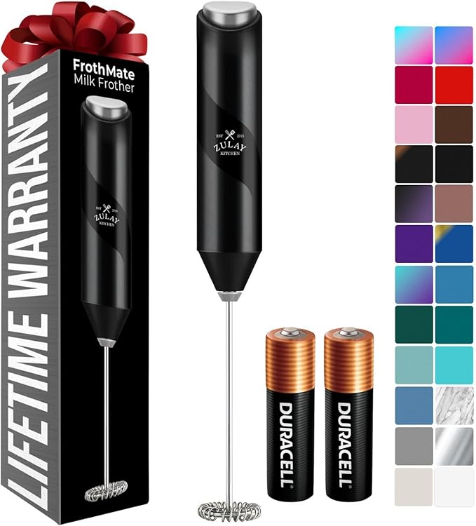 Zulay Kitchen Powerful Milk Frother Handheld with 2 Duracell AA Batteries ??Ultra Fast Frother Wand Electric Drink Mixer for Coffee, Lattes, Cappuccinos, Matcha & Hot Chocolate ??Portable Foam Maker