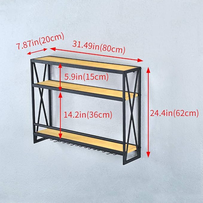 SSS Furniture Industrial Wine Rack Wall Mounted with 8 Stem Wine Glass Holder, 31.5in Hanging Wall Wine Rack Floating Bar Shelves, 3-Tier Wood Shelves Wine Shelf Home D챕cor Display Rack