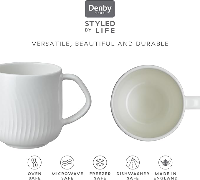 Denby - Porcelain Arc White Coffee Mug Set of 4-13.5oz Simple Tea Mug Set For Office & Home - Dishwasher Safe, Microwave Safe - Ceramic Cups With White Glaze