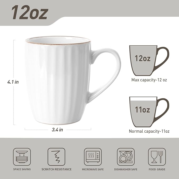famiware Coffee Mugs Sets for 4, 12 oz Mug Set, Coffee Cups with Handle for Coffee, Tea, Cocoa and Milk, Microwave and Dishwasher Safe, White Stripe
