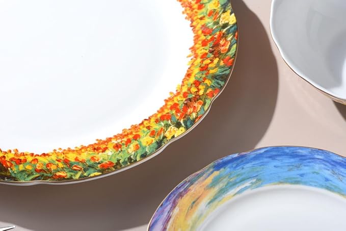 Exquisite ceramic tableware 3 Piece Bone China Modern Round Dishes Sets,Dinnerware dishset for Kitchen,Dinner Plate,Dessert Plate,Soup Bowl,Colorful flowers