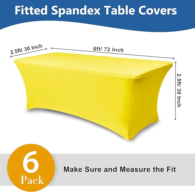 Enjoyidea Fitted Stretch Table Cover for 6 Foot Rectangle Tables-6 Pack Yellow Spandex Tablecloth-Elastic Folding Tablecloths for Party, Vendor Booth Display, Banquet Buffet Event, Craft Trade Show