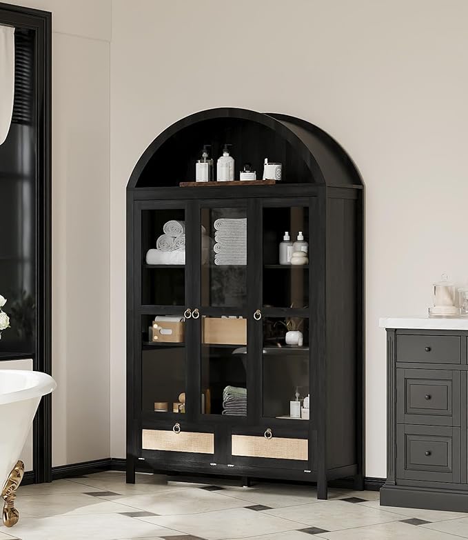 TYBOATLE 75 Inch Arched Cabinet Classic Farmhouse Design w/Three Glass Doors, Arch Cabinet w/Rattan Drawers and Anti-Tipping Device, Versatile Cupboard for Kitchen, Bathroom, Black