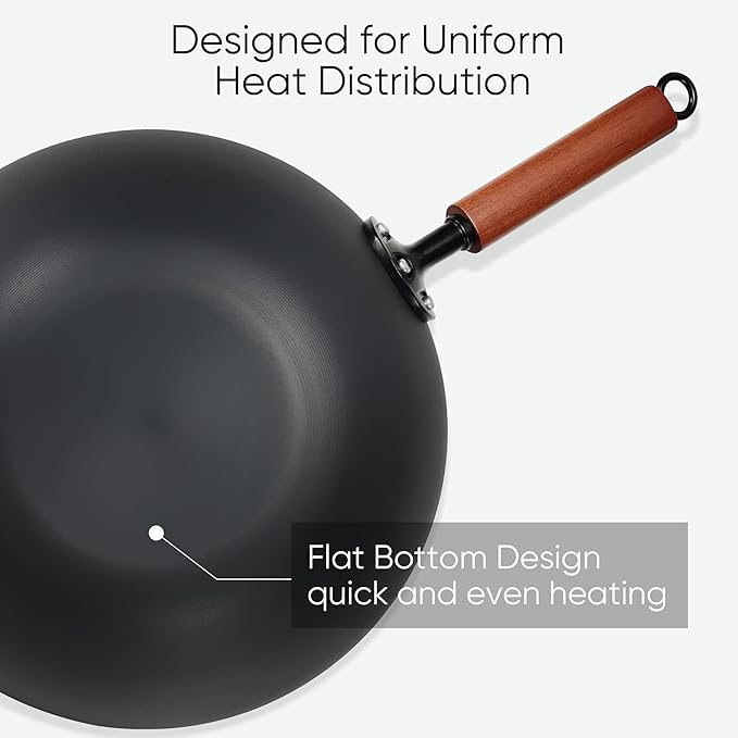 CAROTE 12.5" Carbon Steel Wok Pan, 6.5QT Woks & Stir-fry Pans Nonstick, No Chemical Coated Pre-Seasoned Flat Bottom Wok with Lid for Stir Fry, Chinese Cast Iron Wok Cooking Pan All Stovetop Compatible