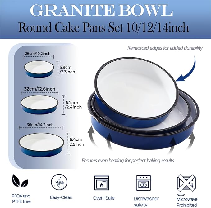 3-Pack Enamel Roasting & Baking Pan Set 10/12/14 Inch Round Deep Cake Pans for Turkey Pizza Casseroles Desserts Oven & Dishwasher High Temperature Resistance Baking Dishes Gifts for Mom Wife Christmas