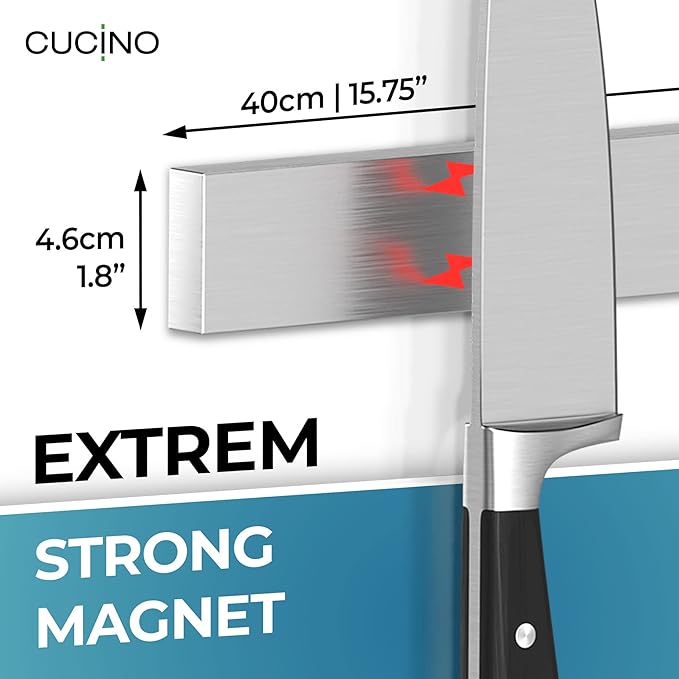 CUCINO Magnetic Knife Holder for Wall 16" - No Drilling incl. Self Adhesive Tape - Extra strong Magnet - Awarded Strip - Made of Stainless Steel