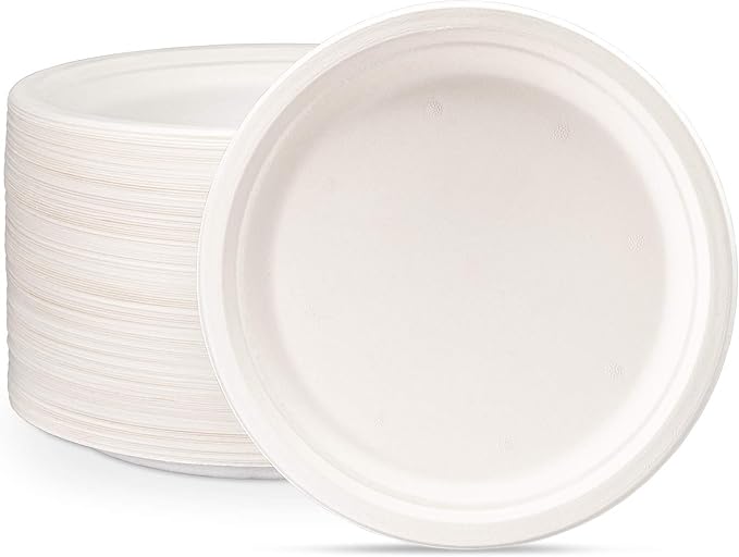 GUSTO [10 Inch - 125 Pack Heavy-Duty White Paper Plates, 100% Compostable, Eco-Friendly - Biodegradable Disposable Plates, Sugarcane Paper Plates (Formerly Comfy Package)