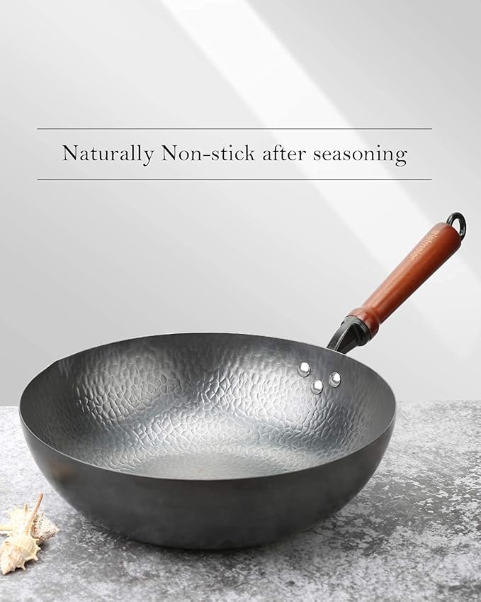 BIELMEIER Wok Pan 12.5", Stir Fry Pan with Lid, Gloves & Cookware Accessories, Carbon Steel, Suitable for All Stoves (Flat Bottom)