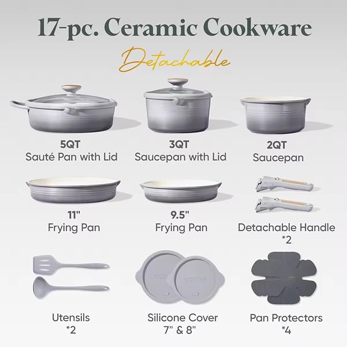 CAROTE 17Pcs Titanium Cookware Set, Pots and Pans Set Non Stick, Kitchen Cooking Set with Detachable Handle, Non Toxic Induction Cookware, Dishwasher/Oven Safe